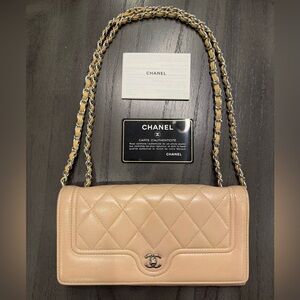 CHANEL Quilted Beige Lambskin Leather Wallet on chain